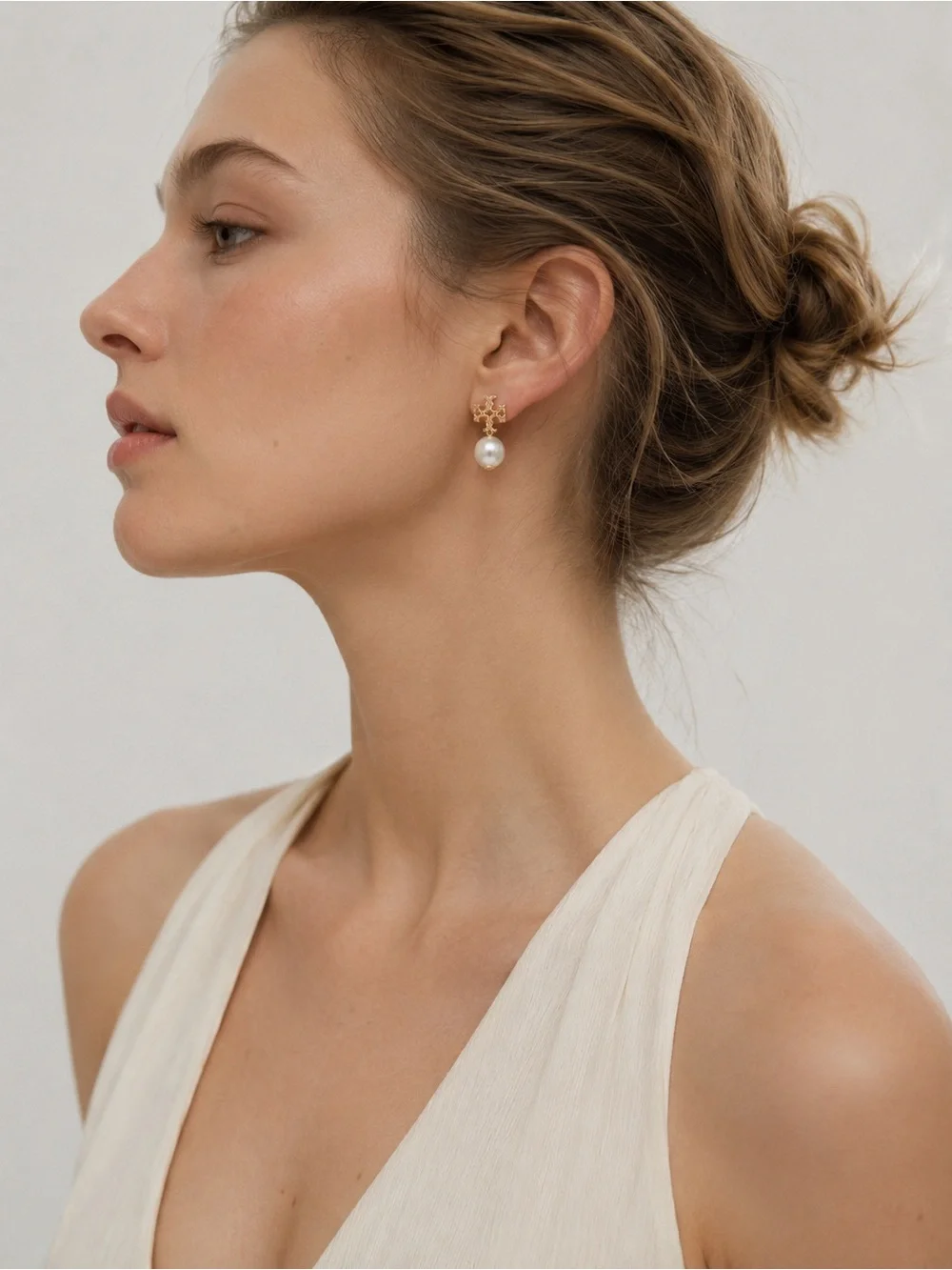 Tory Burch Gold and Pearl Logo Stud Earrings